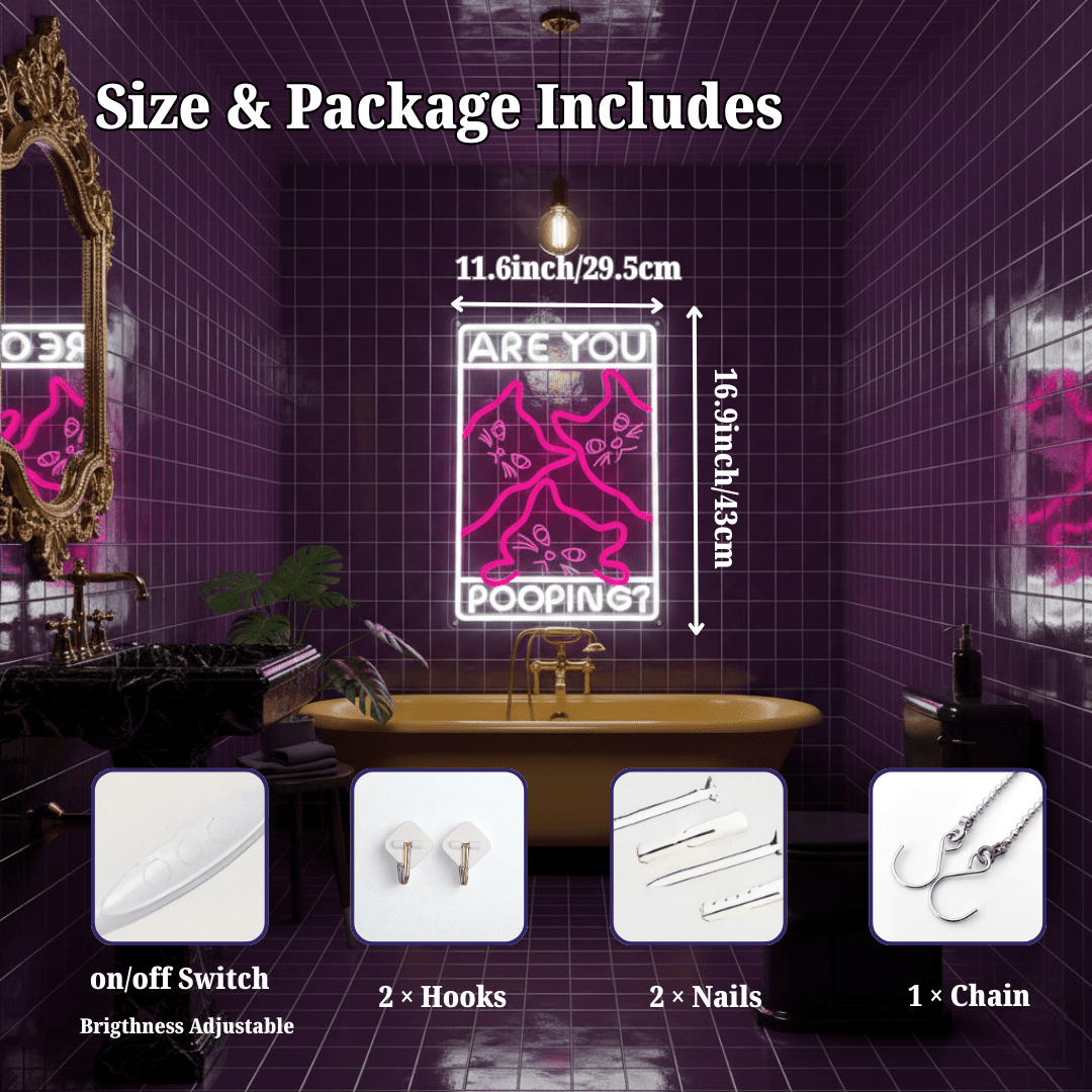 Funny Curious Kitty Cats “Are You Pooping?” LED Neon Sign for bathroom and Gift Wall Decor - Shineneon