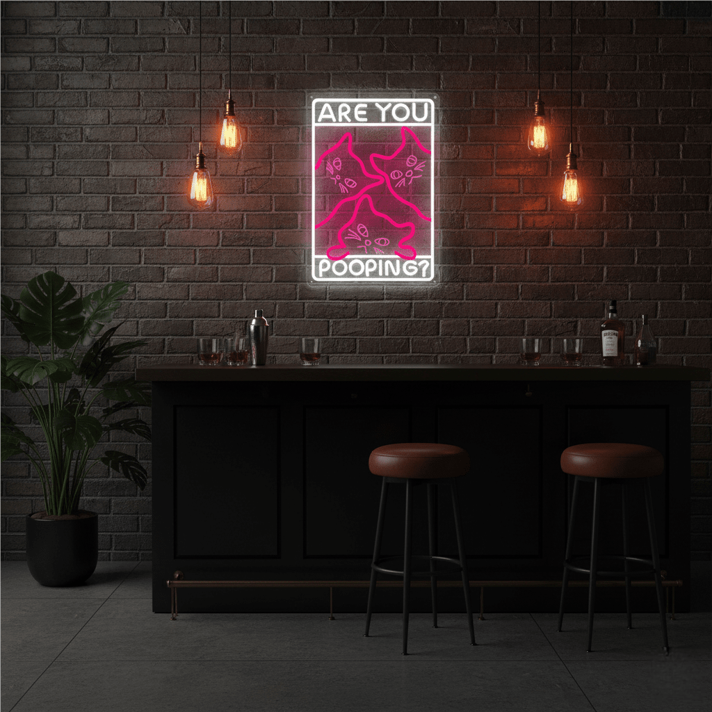 Funny Curious Kitty Cats “Are You Pooping?” LED Neon Sign for bathroom and Gift Wall Decor - Shineneon