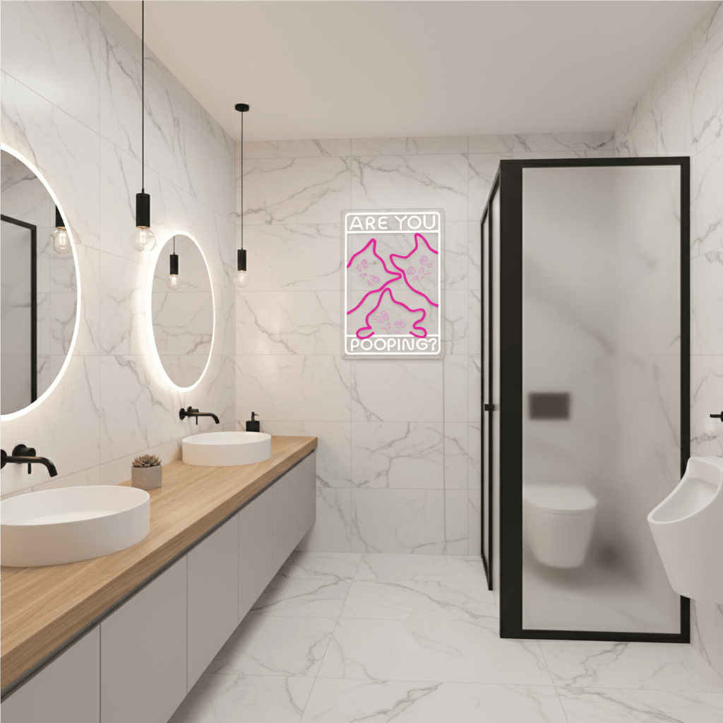 Funny Curious Kitty Cats “Are You Pooping?” LED Neon Sign for bathroom and Gift Wall Decor - Shineneon