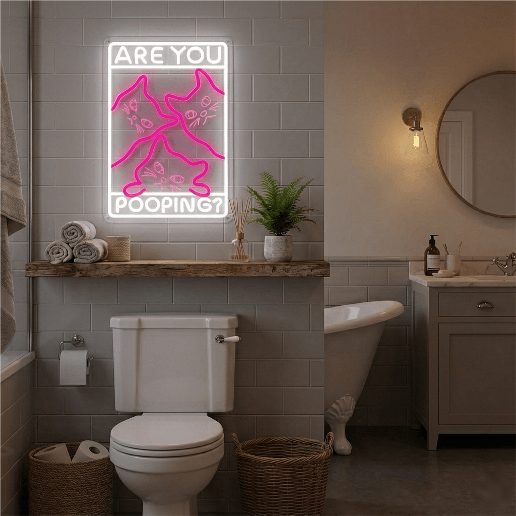 Funny Curious Kitty Cats “Are You Pooping?” LED Neon Sign for bathroom and Gift Wall Decor - Shineneon
