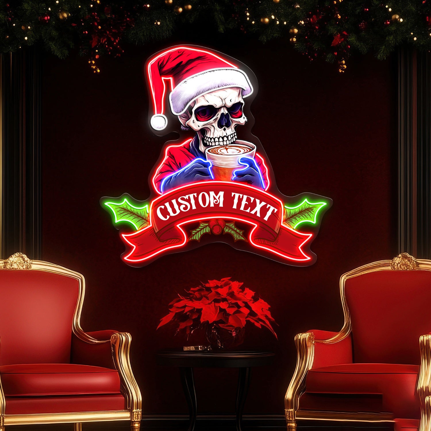Funny Santa Claus Skeleton with Coffee Acrylic Led Neon Sign | Shineneon