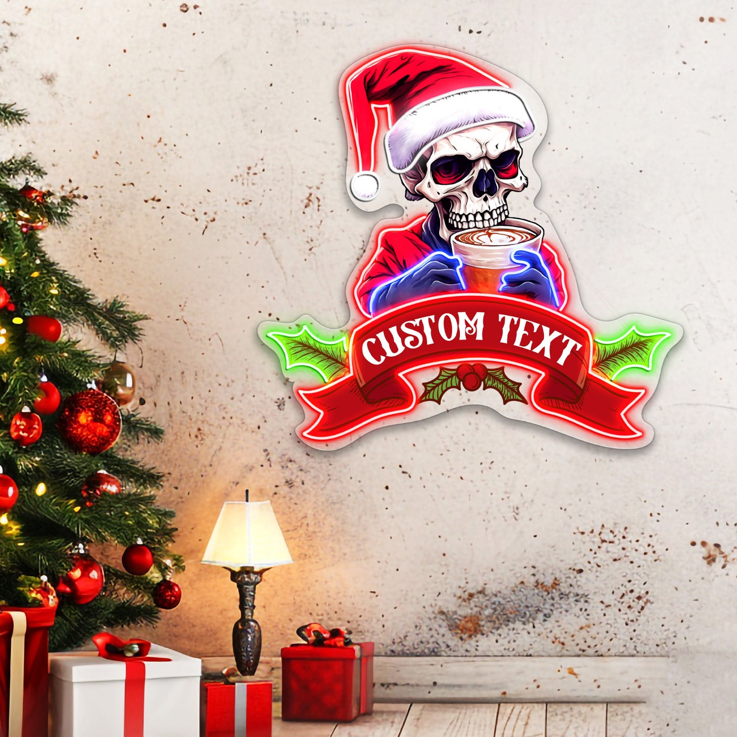 Funny Santa Claus Skeleton with Coffee Acrylic Led Neon Sign | Shineneon