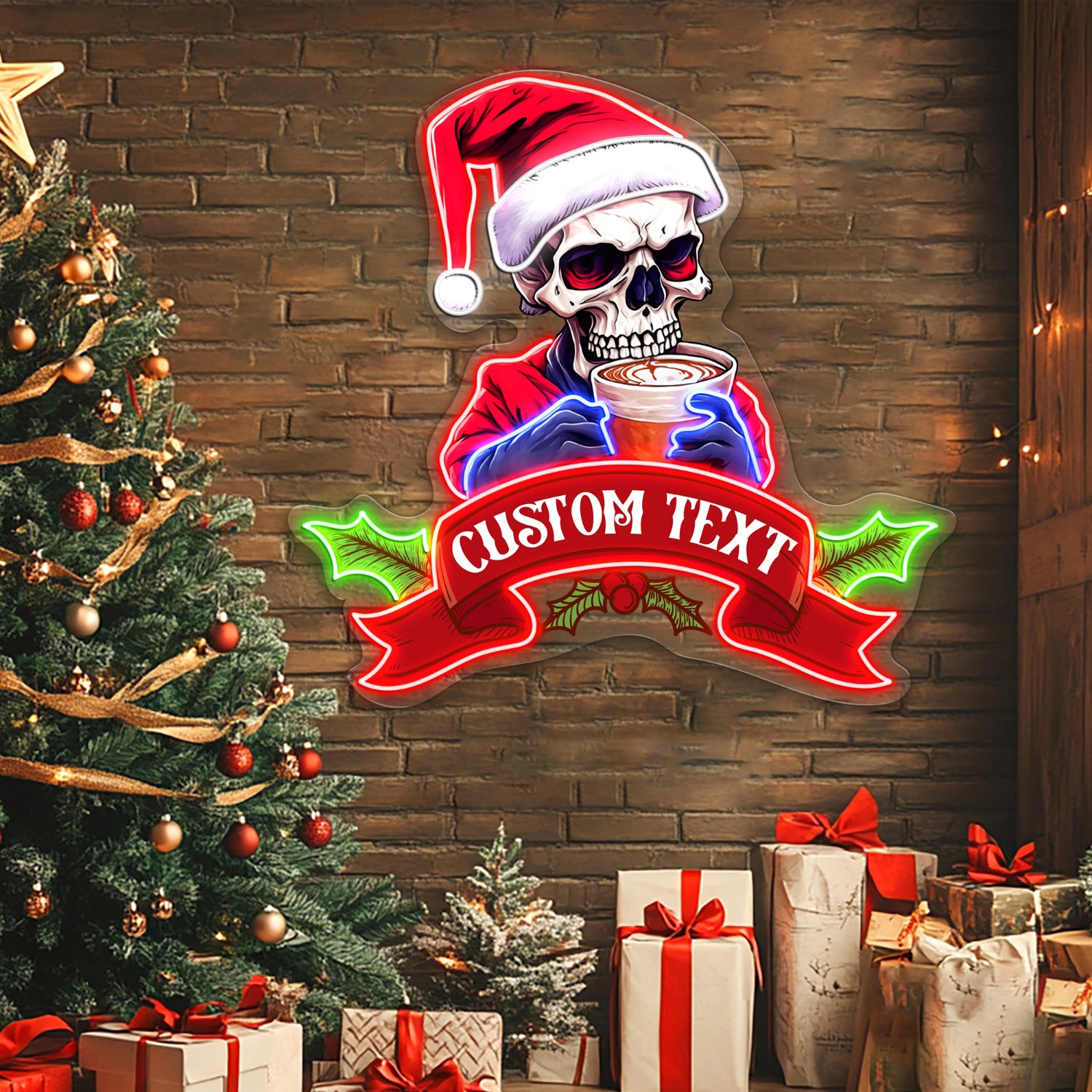 Funny Santa Claus Skeleton with Coffee Acrylic Led Neon Sign | Shineneon