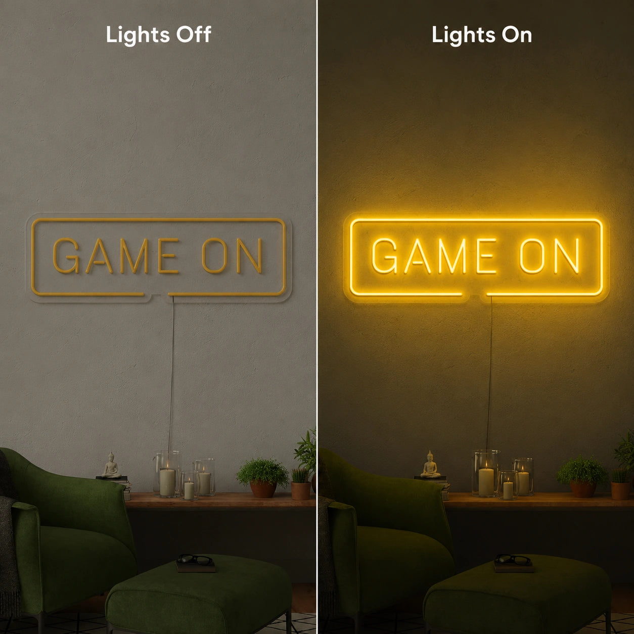 Game On Wall Neon Sign LED Neon Sign day and night comparison