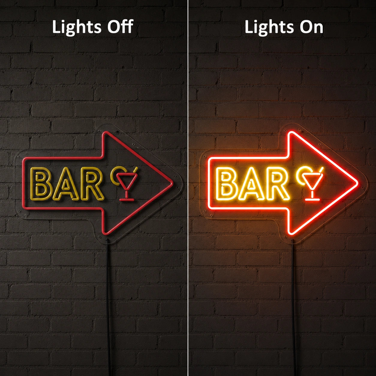 Game Room Bar Arrow Neon Sign LED Neon Sign day and night comparison