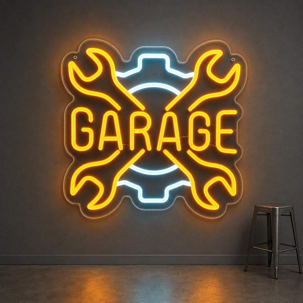 Garage Crossed Wrenches And Gear LED Neon Sign Man Cave Neon Sign size image
