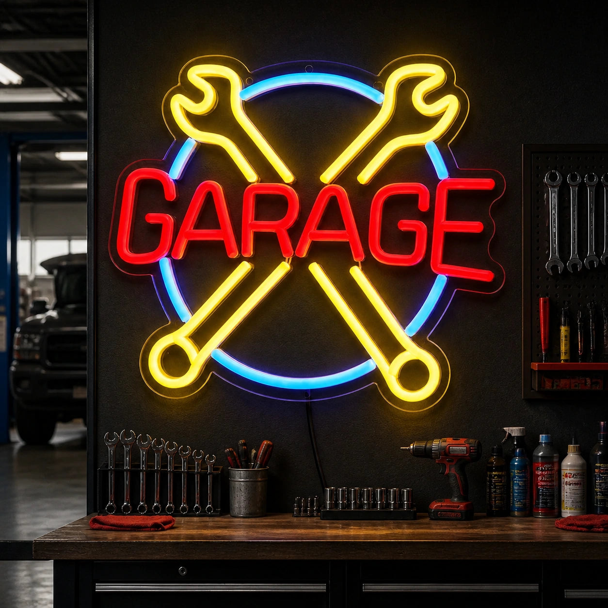 Garage Crossed Wrenches Circle Vintage LED Neon Sign real lifestyle scene
