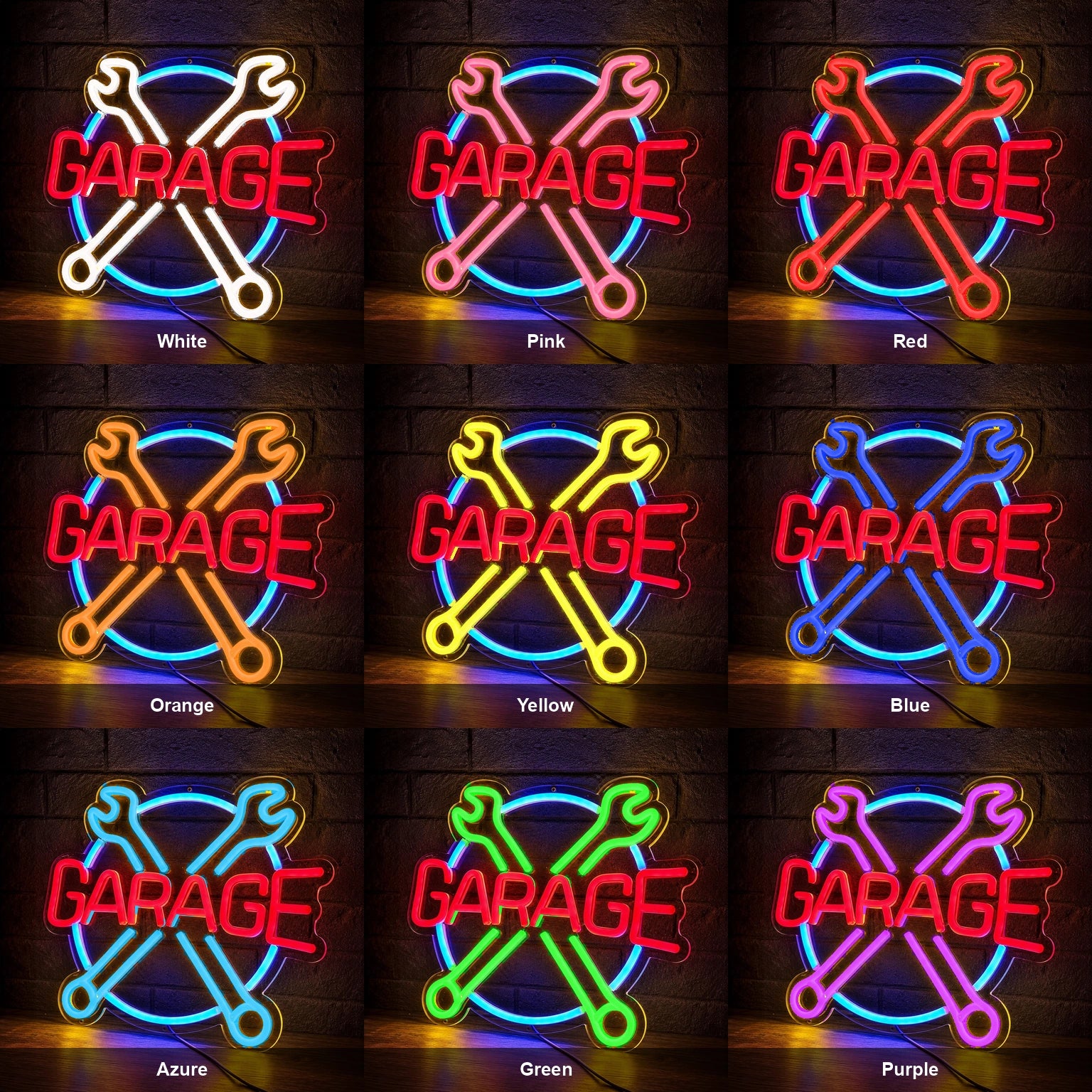 Garage Crossed Wrenches LED Neon Sign color grid