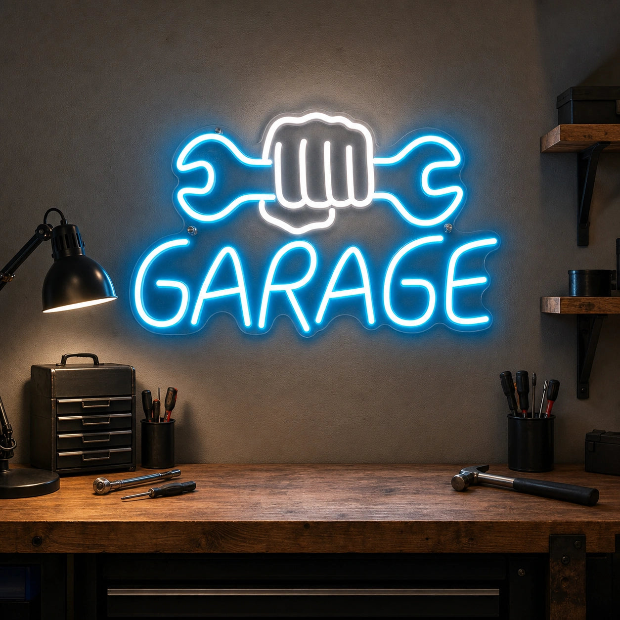 Garage Fist Holding Wrenches LED Neon Sign real lifestyle scene