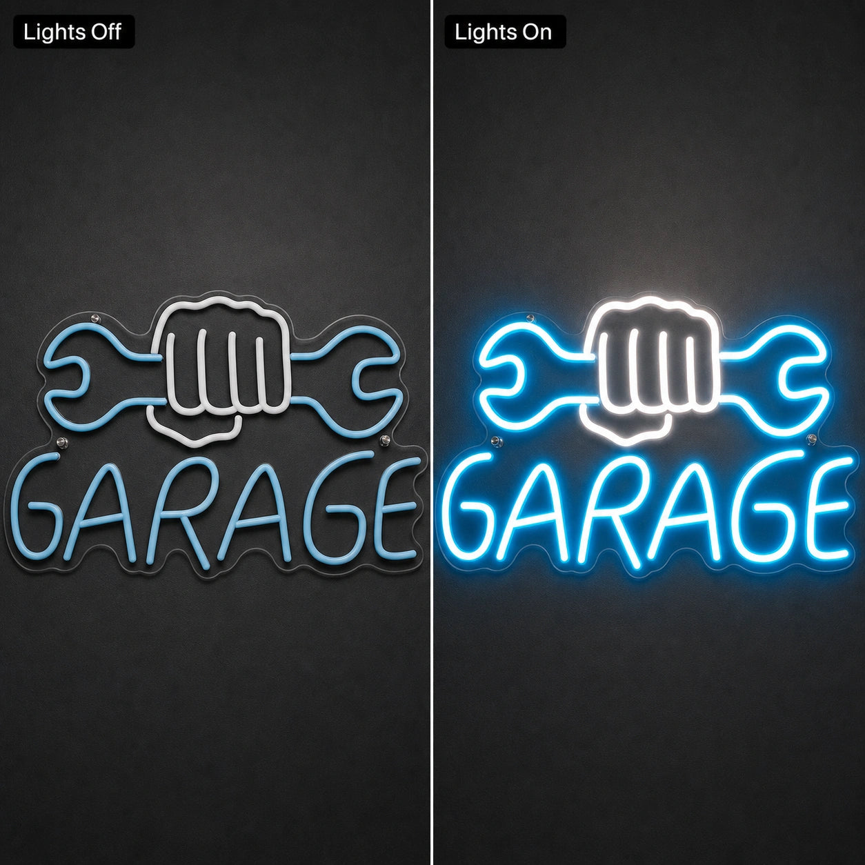 Garage Fist Holding Wrenches LED Neon Sign day and night comparison