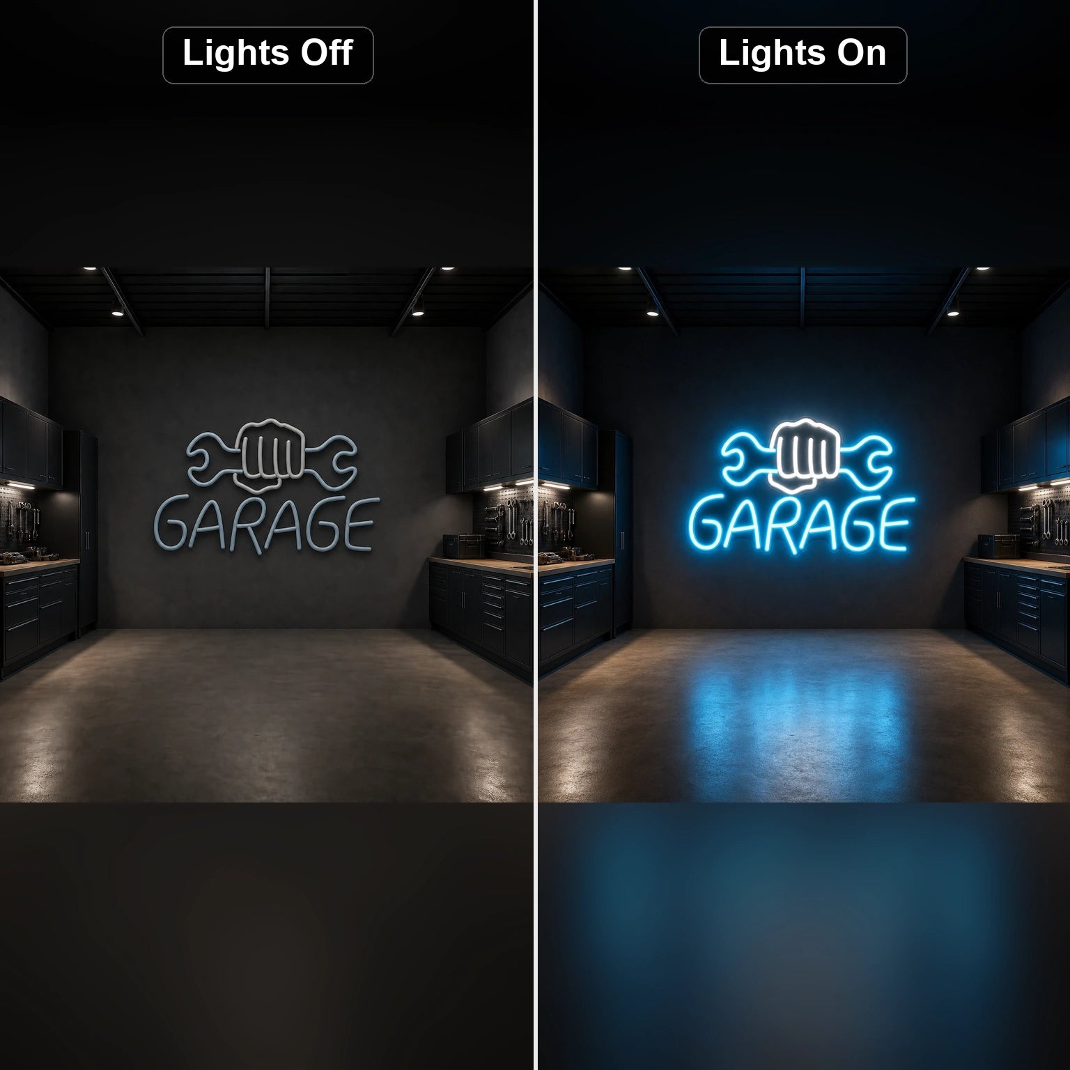 Garage Fist Holding Wrenches LED Neon Sign Home Bar Wall Decoration day and night comparison