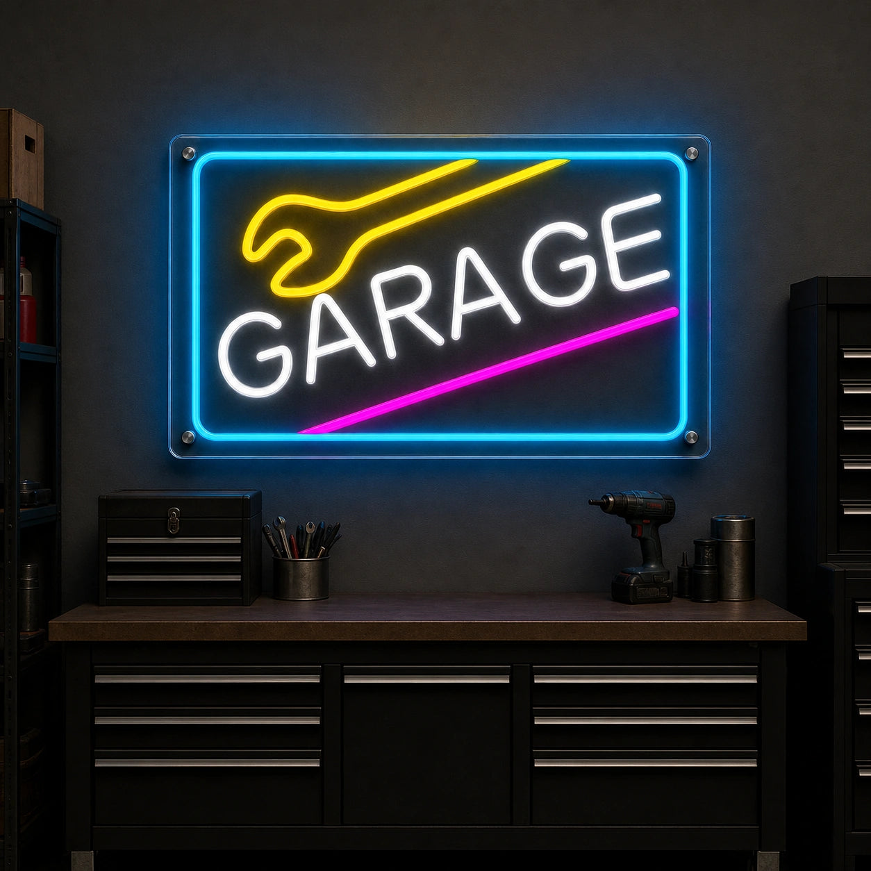 Garage Wrench Frame LED Neon Sign size image