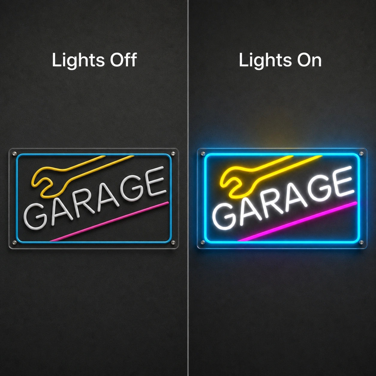 Garage Wrench Frame LED Neon Sign day and night comparison