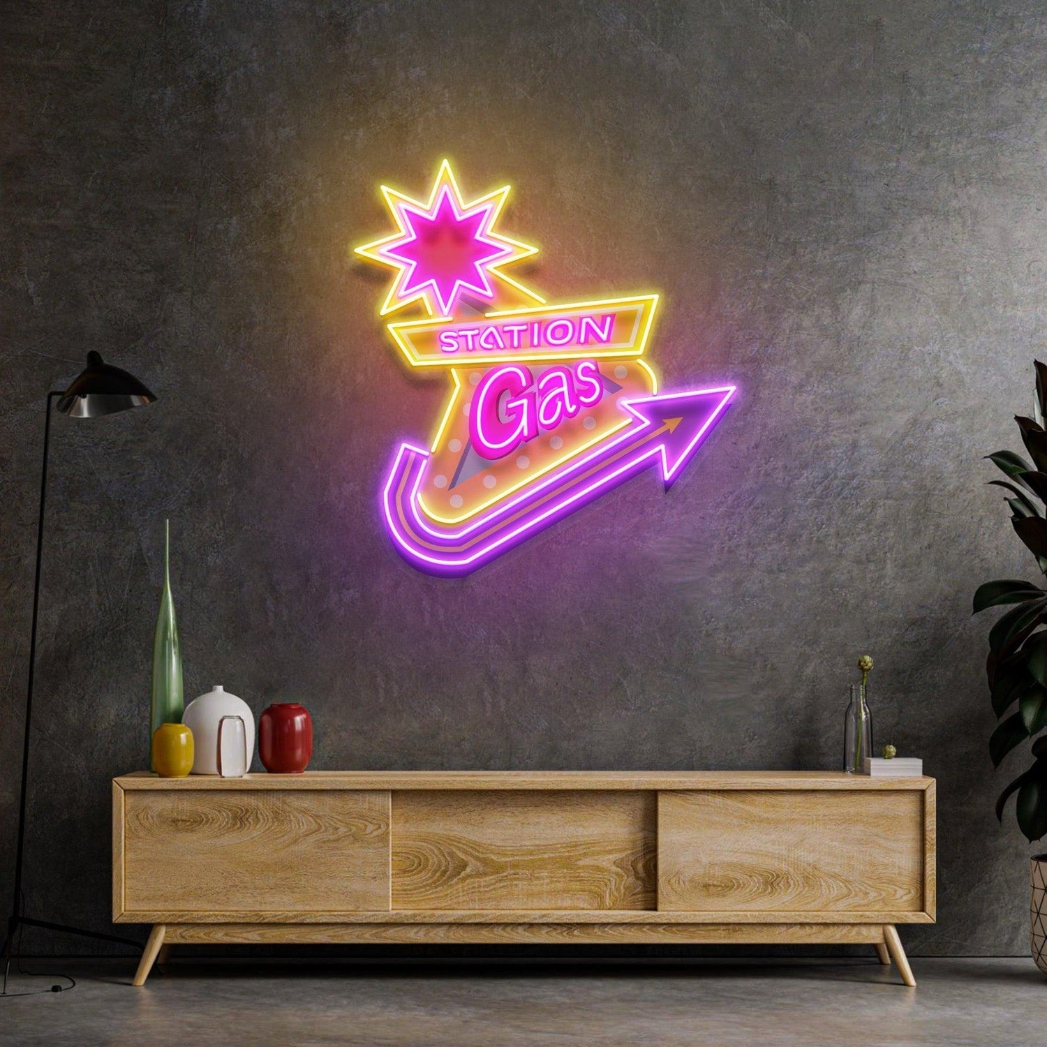 Gas Station Star Arrow Uv Printed Led Neon Sign For Retro Indoor Cafe Bar Decor | Shineneon