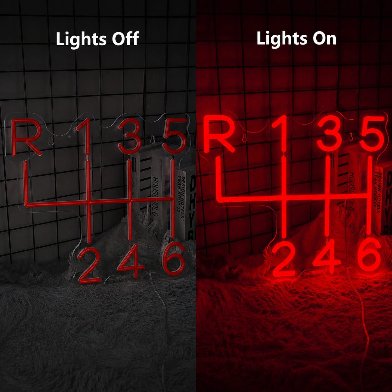 Gear Shift Pattern Neon Sign LED Neon Sign day and night comparison