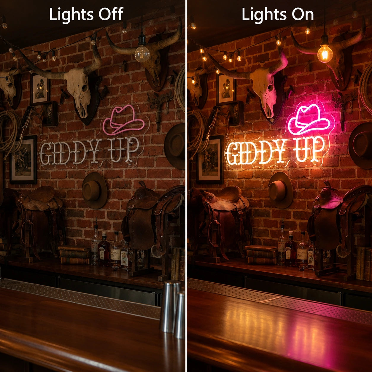 Giddy Up Bar Neon Sign LED Neon Sign day and night comparison