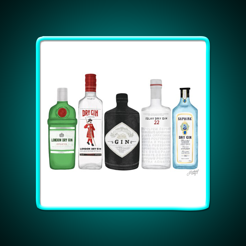 Gin Bottles Illustration Cocktail Bar Decor Led Neon Sign Rgb Color - Size and dimension reference