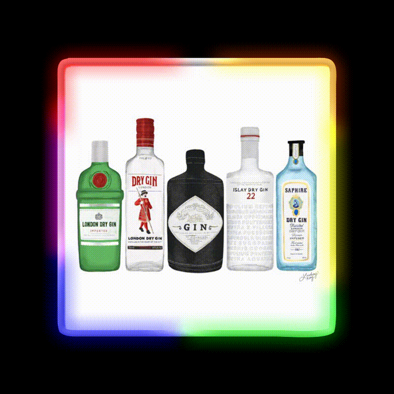 Gin Bottles Illustration Cocktail Bar Decor Led Neon Sign Rgb Color - LED neon sign close-up detail