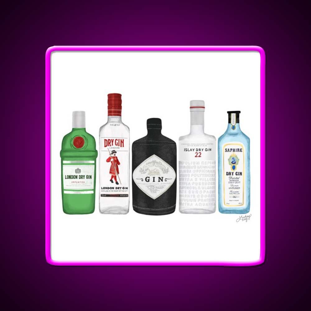 Gin Bottles Illustration Cocktail Bar Decor Led Neon Sign Rgb Color - Neon sign mounted on wall in room
