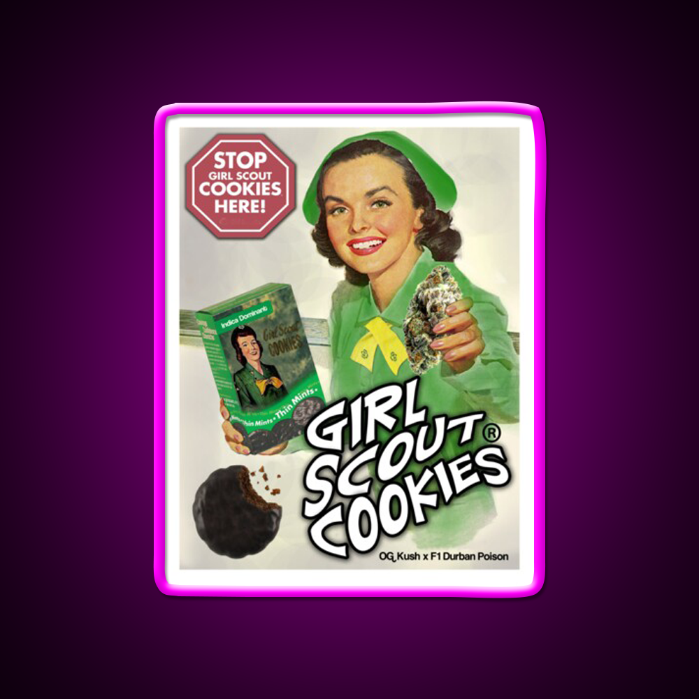 Girl Scout Cookies Hemp Inspired Green Leaf Led Neon Sign Rgb Color - Neon sign mounted on wall in room