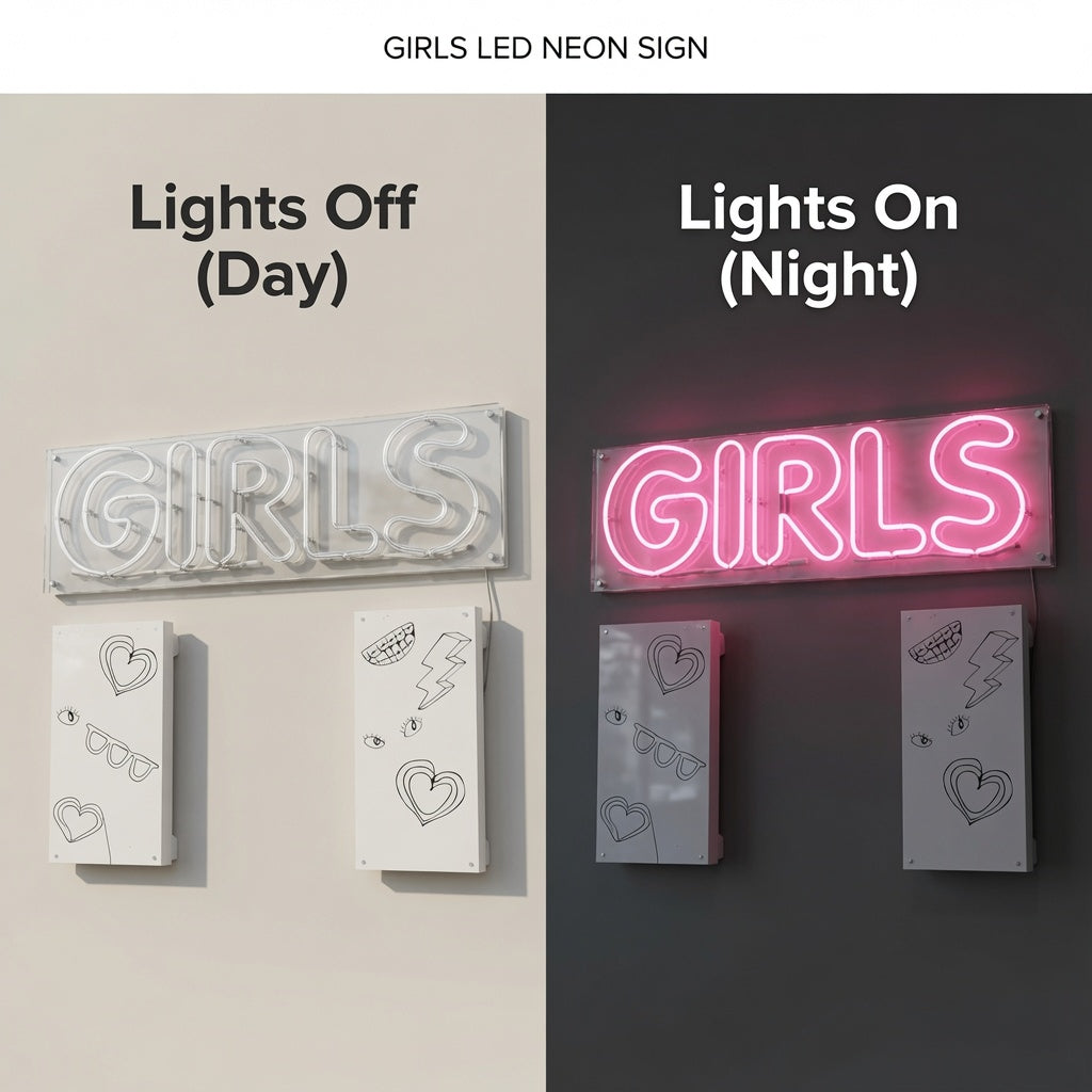 Girls LED Neon Sign - 06 Day Night Comparison