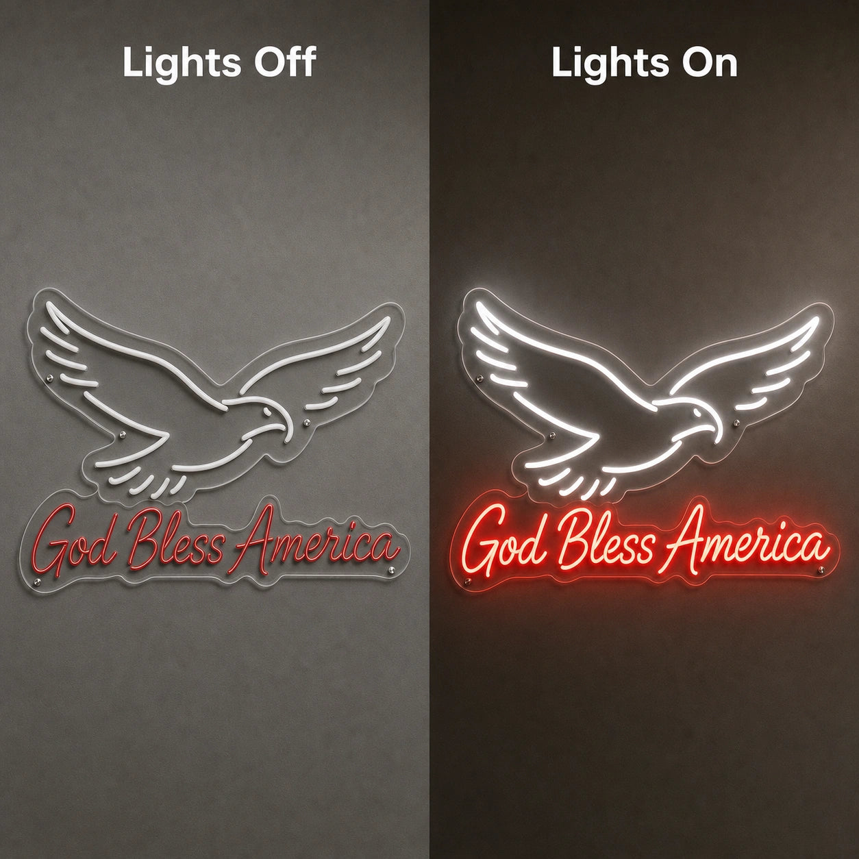 God Bless America Eagle LED Neon Sign day and night comparison