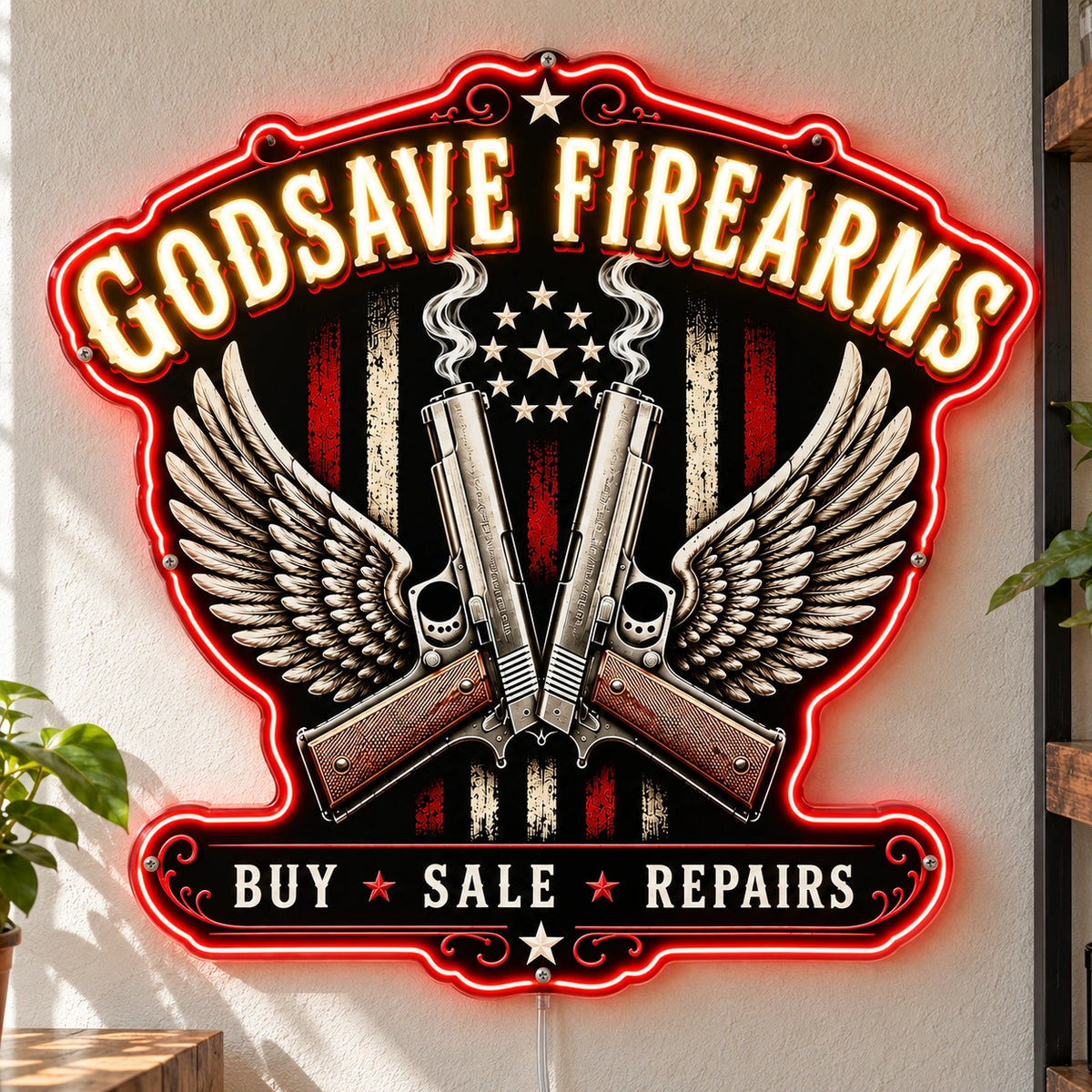 Godsave Firearms Custom LED Neon Sign | 310836cb136e5592963f9eba8adda0ef3d3b99fa77c036d08d74a00de8e4e946 | natural_light