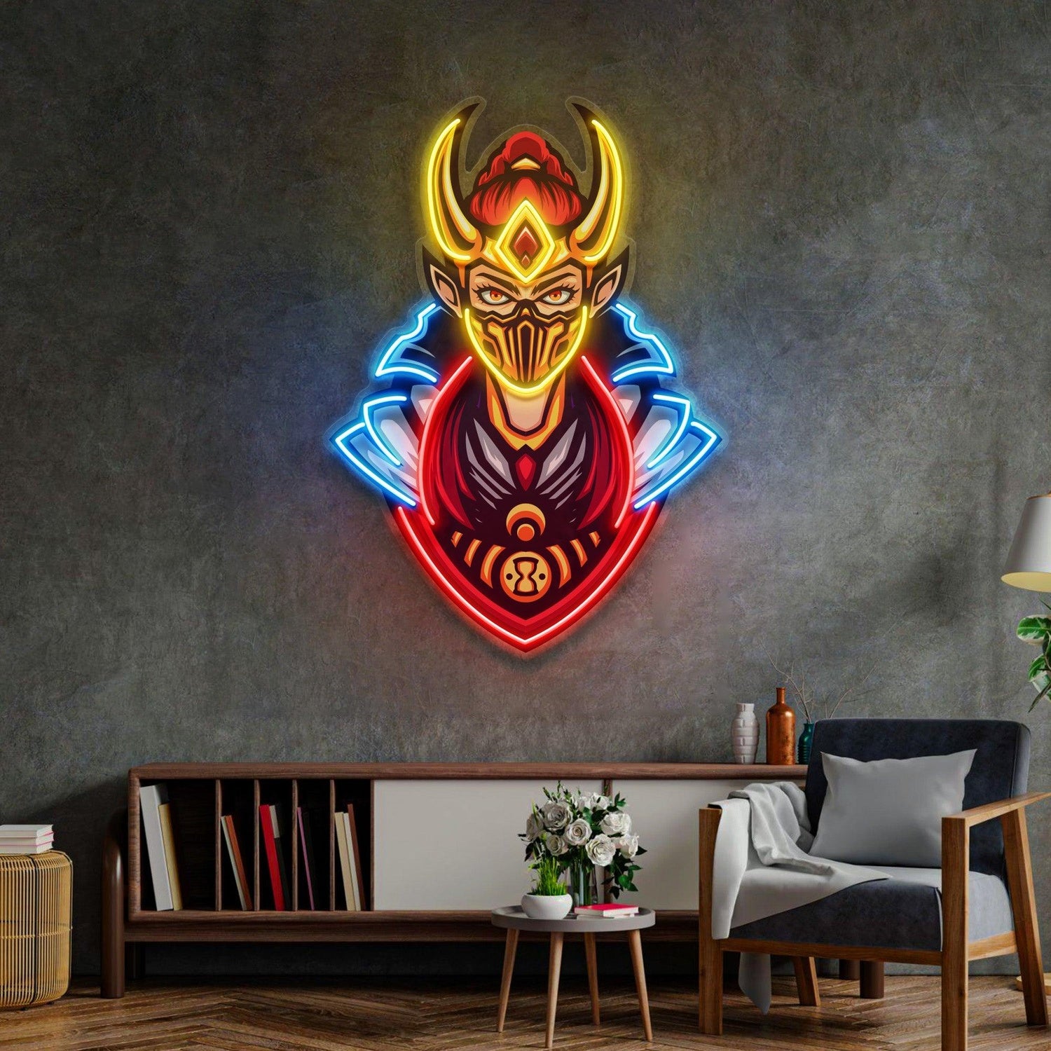 Golden Horned Lady Assassins Uv Printed Led Neon Sign With Multicolor Anime Art | Shineneon