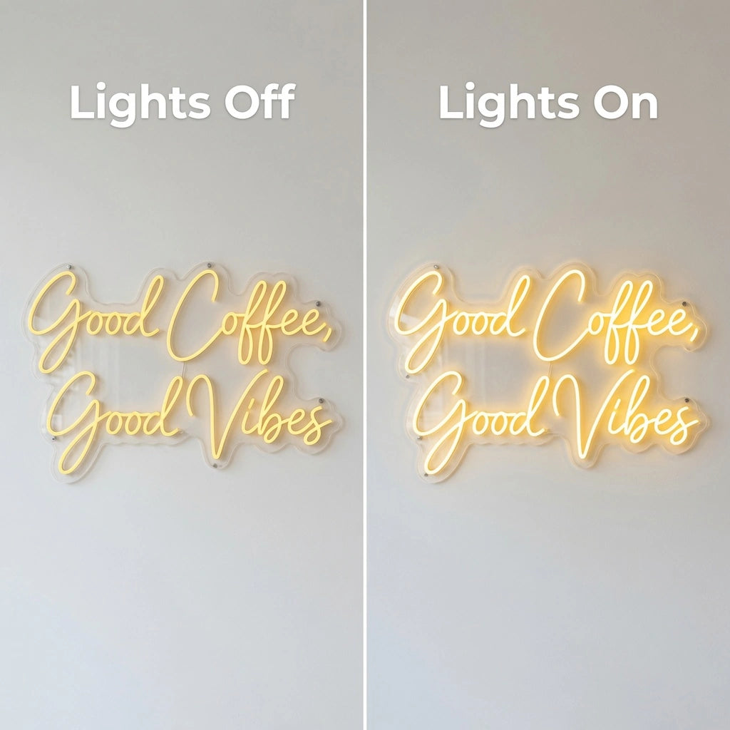 Good Coffee Good Vibes Wall Decor LED Neon Sign - 06 Day Night Comparison