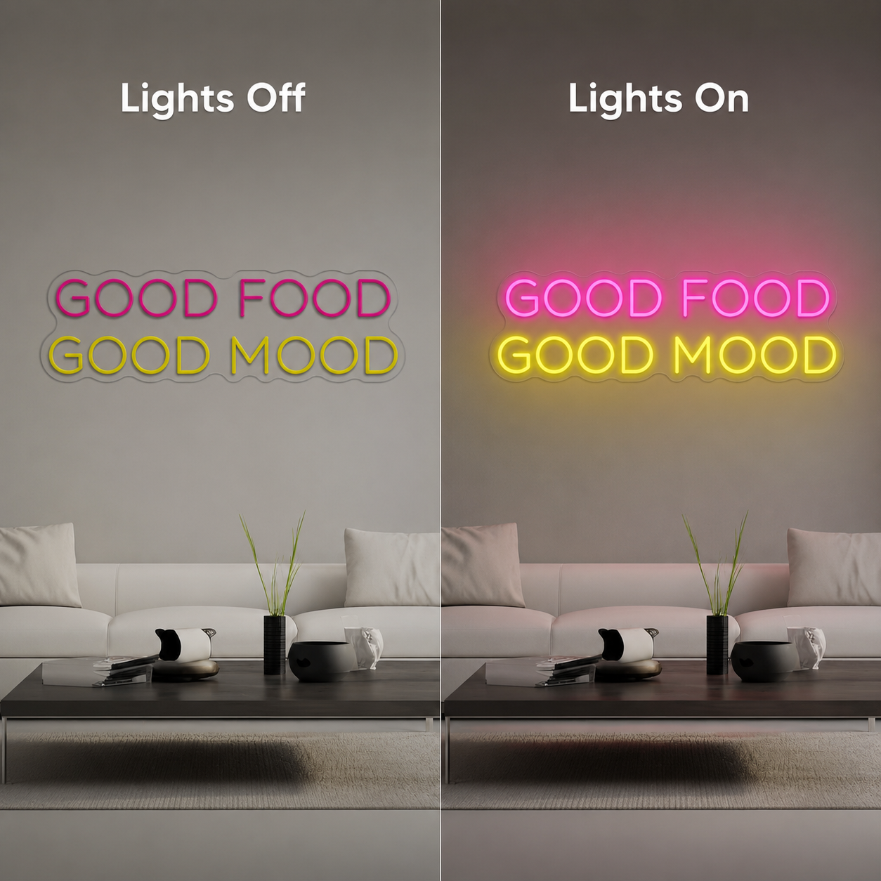 Good Food Good Mood LED Neon Sign - 06 Day Night Comparison