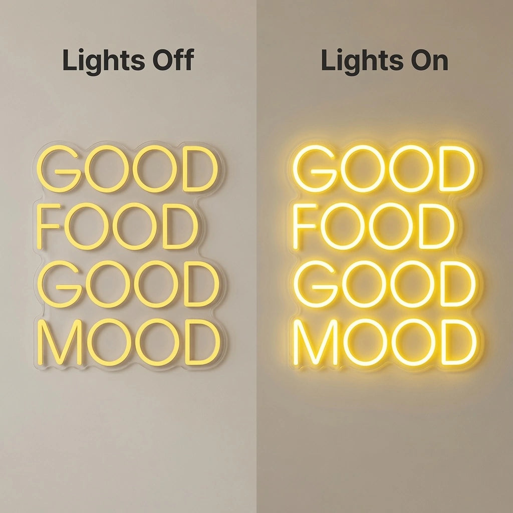 Good Food Is Room Decor LED Neon Sign - 06 Day Night Comparison