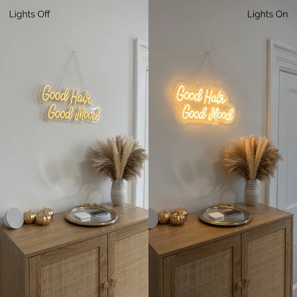 Good Hair Good Mood LED Neon Sign - 06 Day Night Comparison
