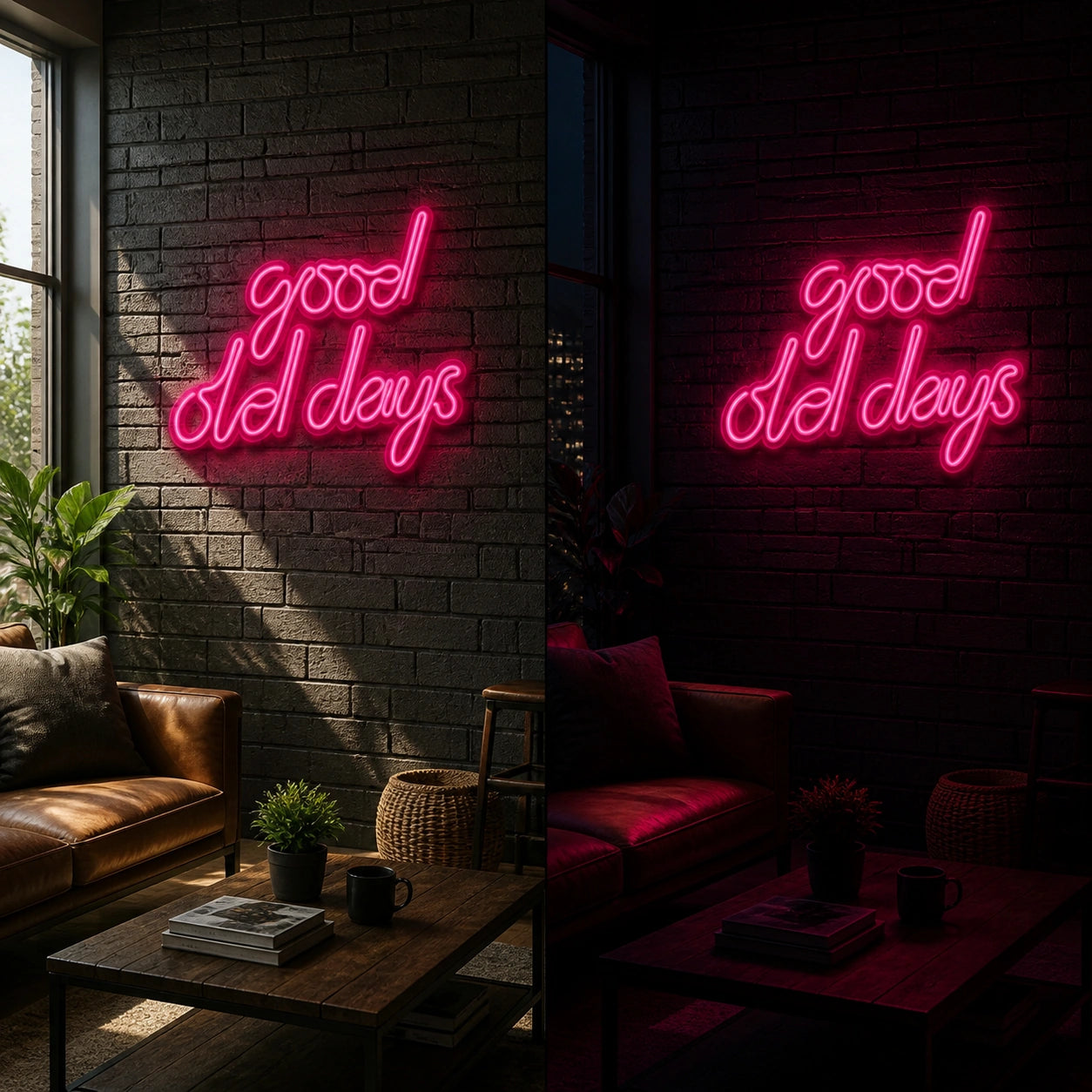 Good Old Days Vintage LED Neon Sign day and night comparison