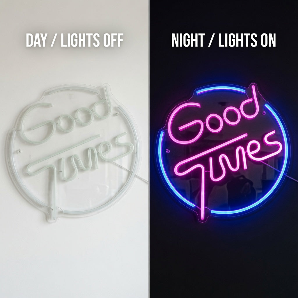 Good Times LED Neon Sign Home Decor - 06 Day Night Comparison