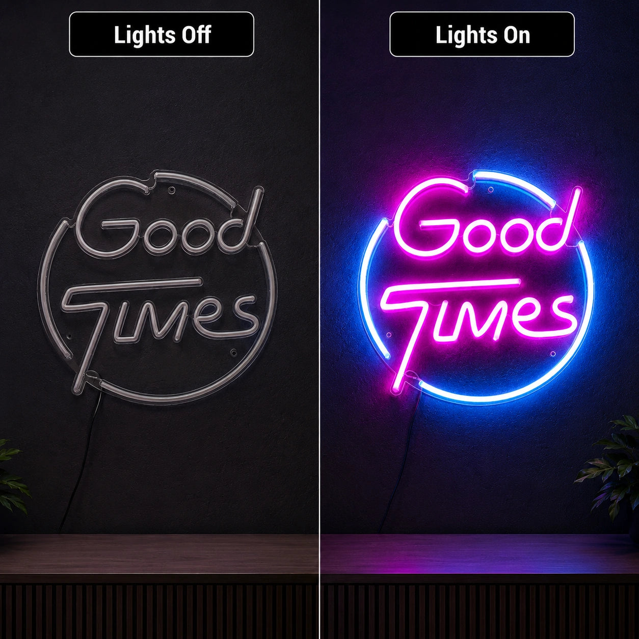 Good Times Man Cave LED Neon Sign day and night comparison