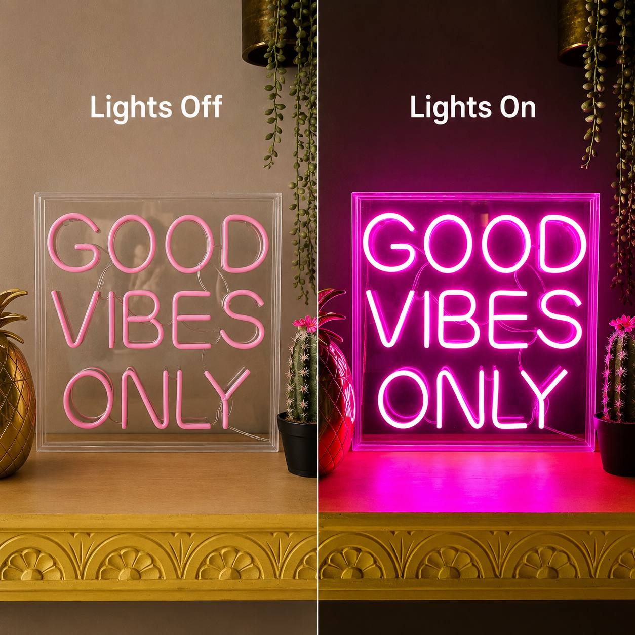 Good Vibes Only Classic LED Neon Sign - 06 Day Night Comparison