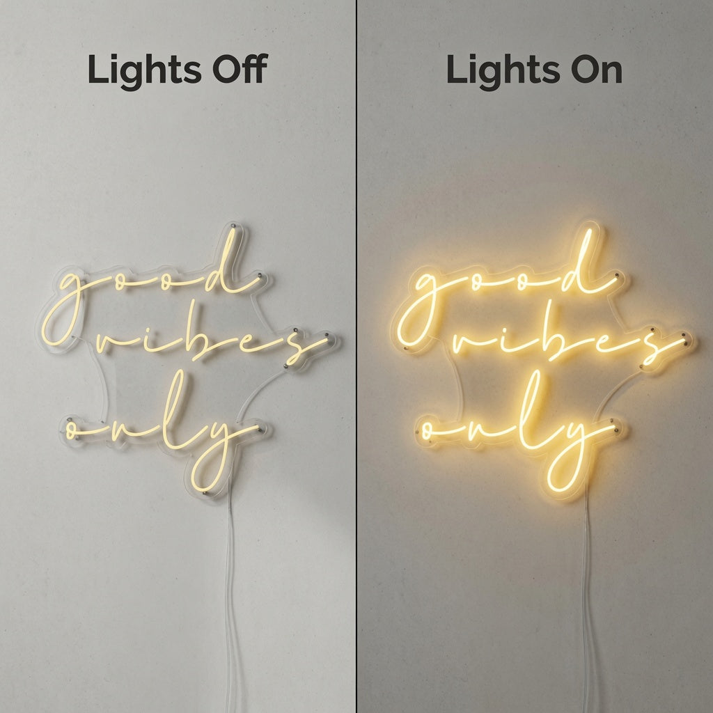 Good Vibes Only Minimal Wall Decor LED Neon Sign - 06 Day Night Comparison