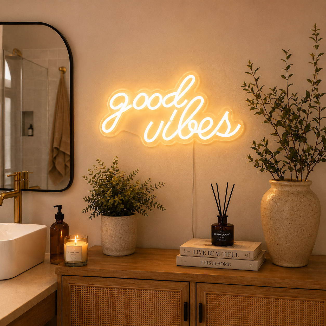 Good Vibes Script Bedroom Square LED Neon Sign Wall Art main product image