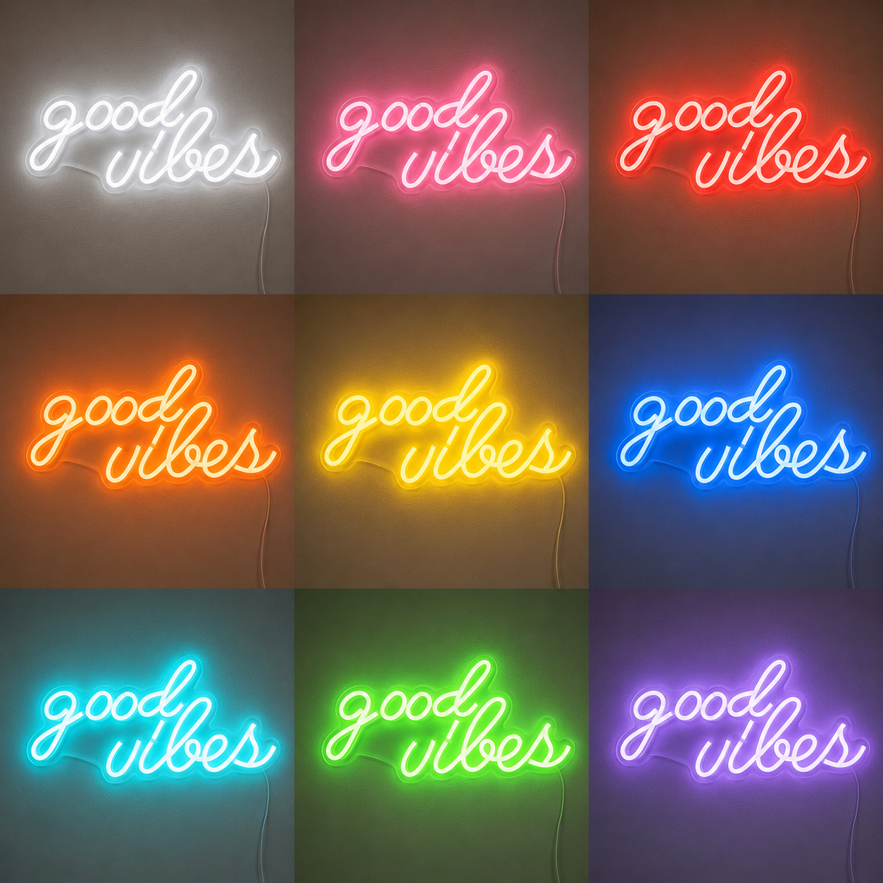 Good Vibes Script Bedroom Square LED Neon Sign Wall Art color grid