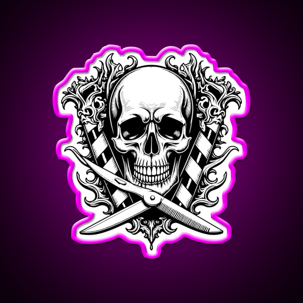 Gothic Skull Barber Shop Haircut Led Neon Sign - Neon sign mounted on wall in room