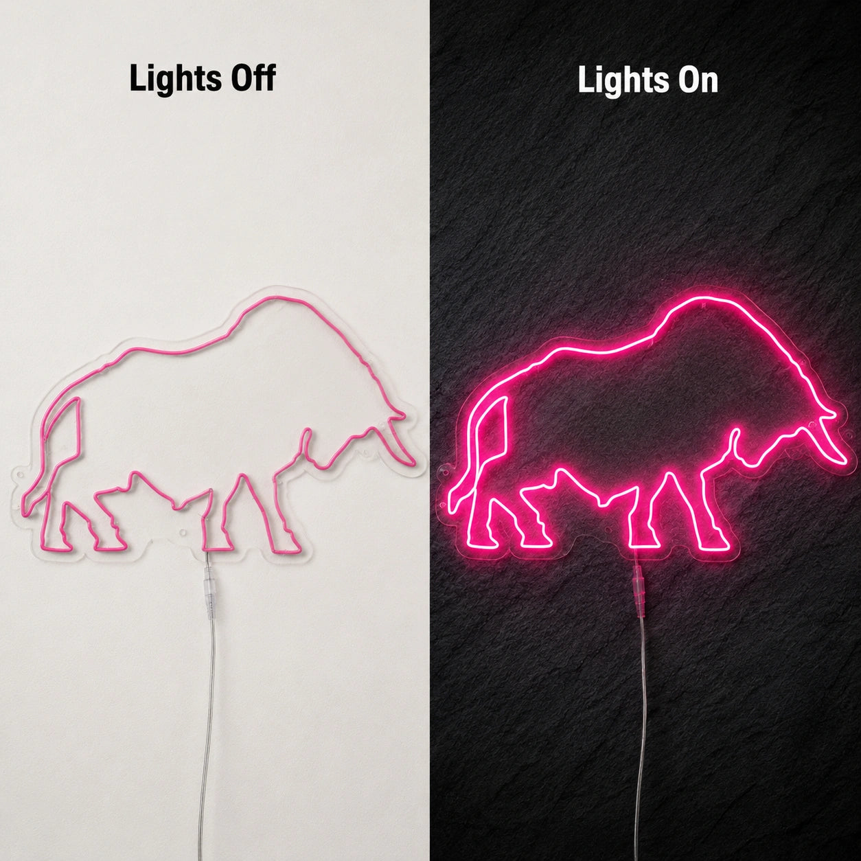 Grazing Bull Outline Neon Sign LED Neon Sign day and night comparison