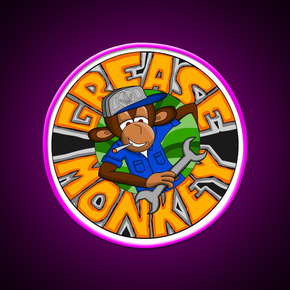 Grease Monkey Strain Artwork Hemp Inspired Green Leaf Led Neon Sign Rgb Color - Neon sign mounted on wall in room