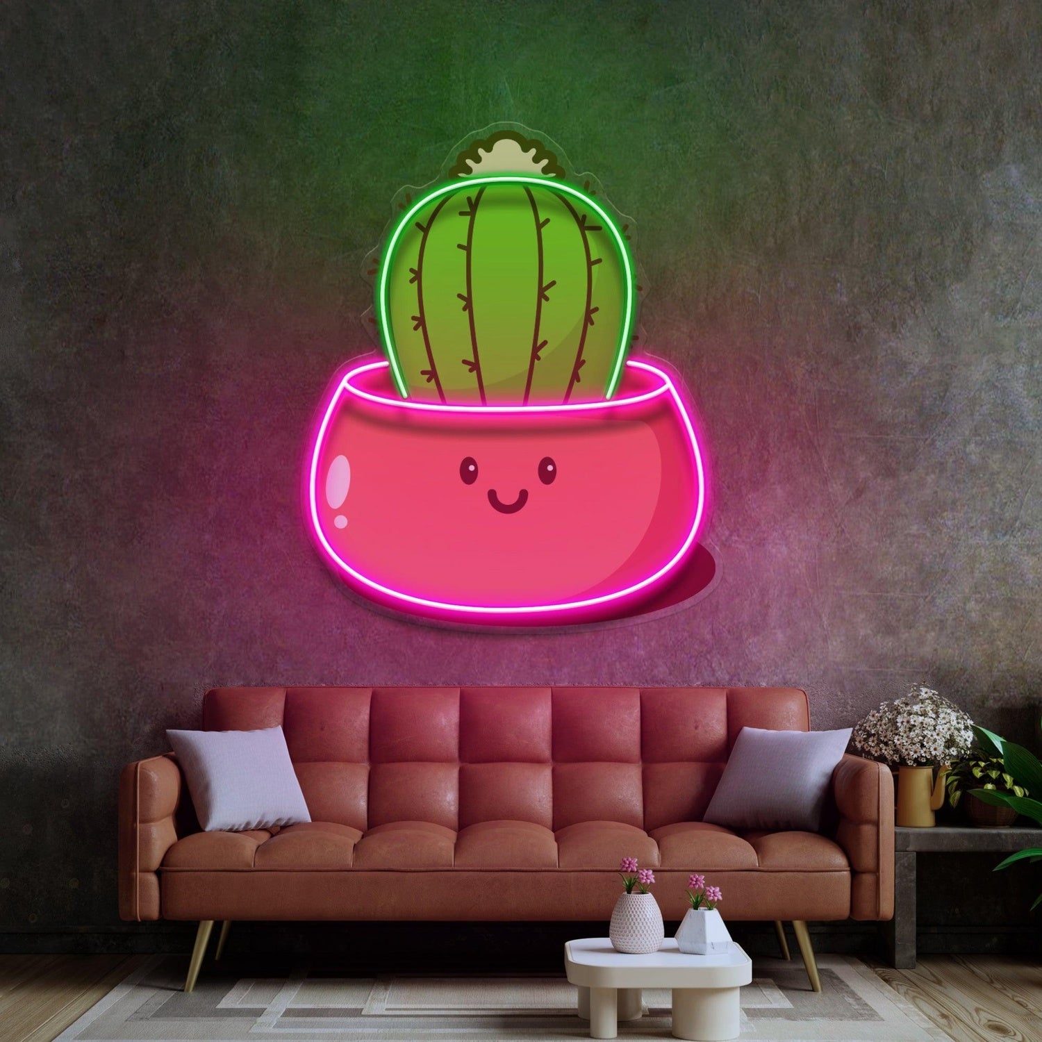 Green-Pink Cartoon Cactus In Pot Uv Printed Led Neon Sign For Kawaii Indoor Home Decor | Shineneon