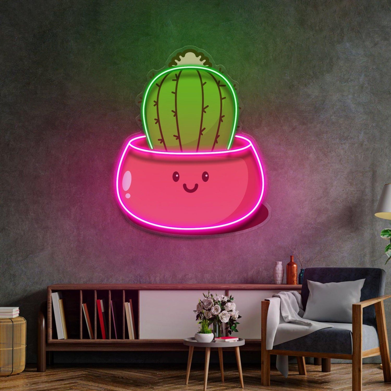 Green-Pink Cartoon Cactus In Pot Uv Printed Led Neon Sign For Kawaii Indoor Home Decor | Shineneon