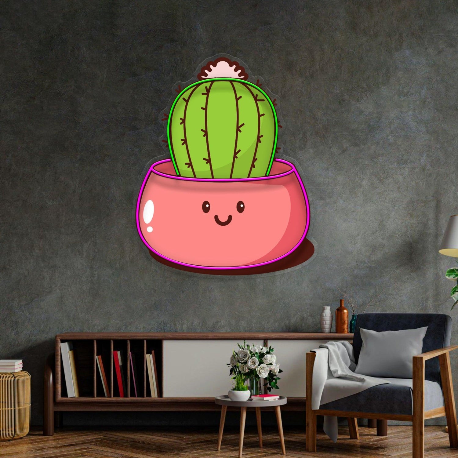 Green-Pink Cartoon Cactus In Pot Uv Printed Led Neon Sign For Kawaii Indoor Home Decor | Shineneon