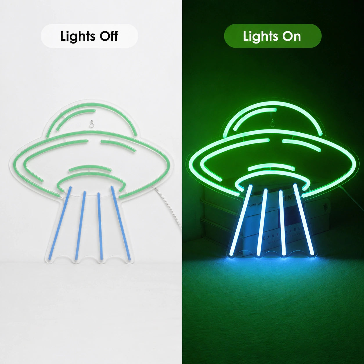 Green UFO Beam Neon Sign LED Neon Sign day and night comparison