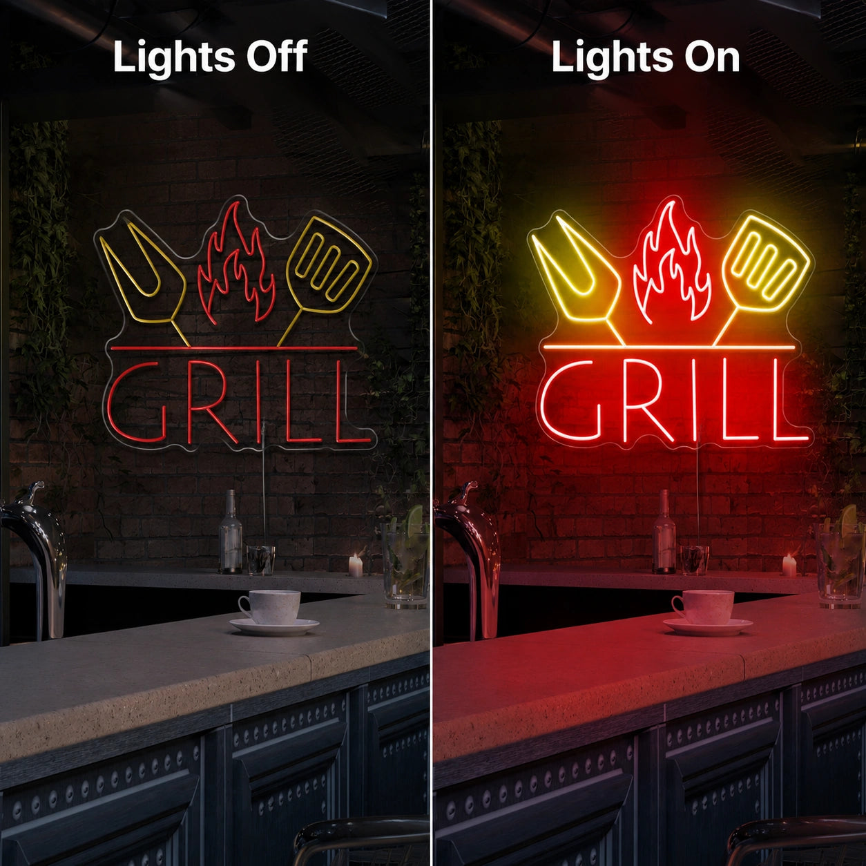 Grill Flame Neon Sign LED Neon Sign day and night comparison