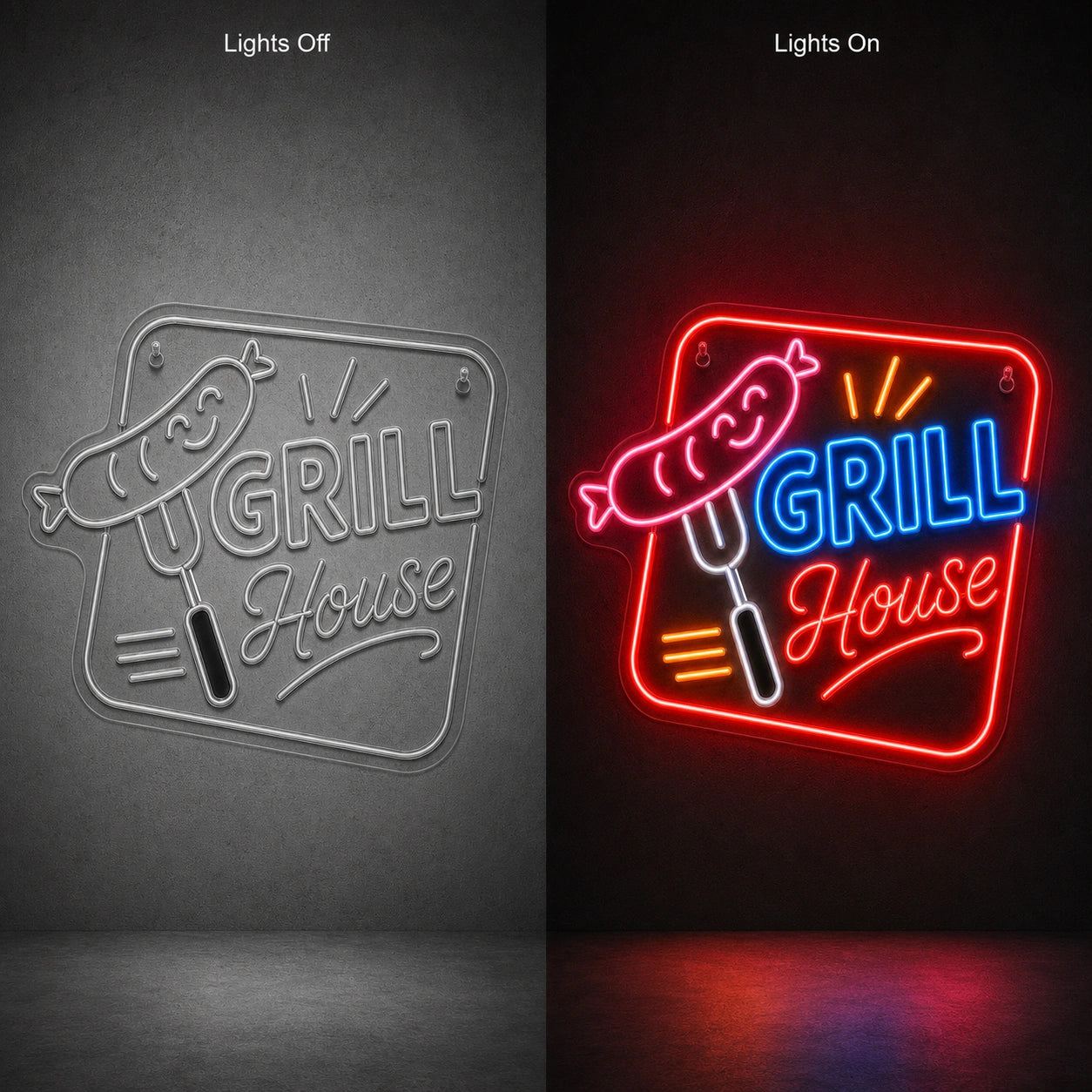 Grill House BBQ LED Neon Sign Man Cave Neon Sign day and night comparison