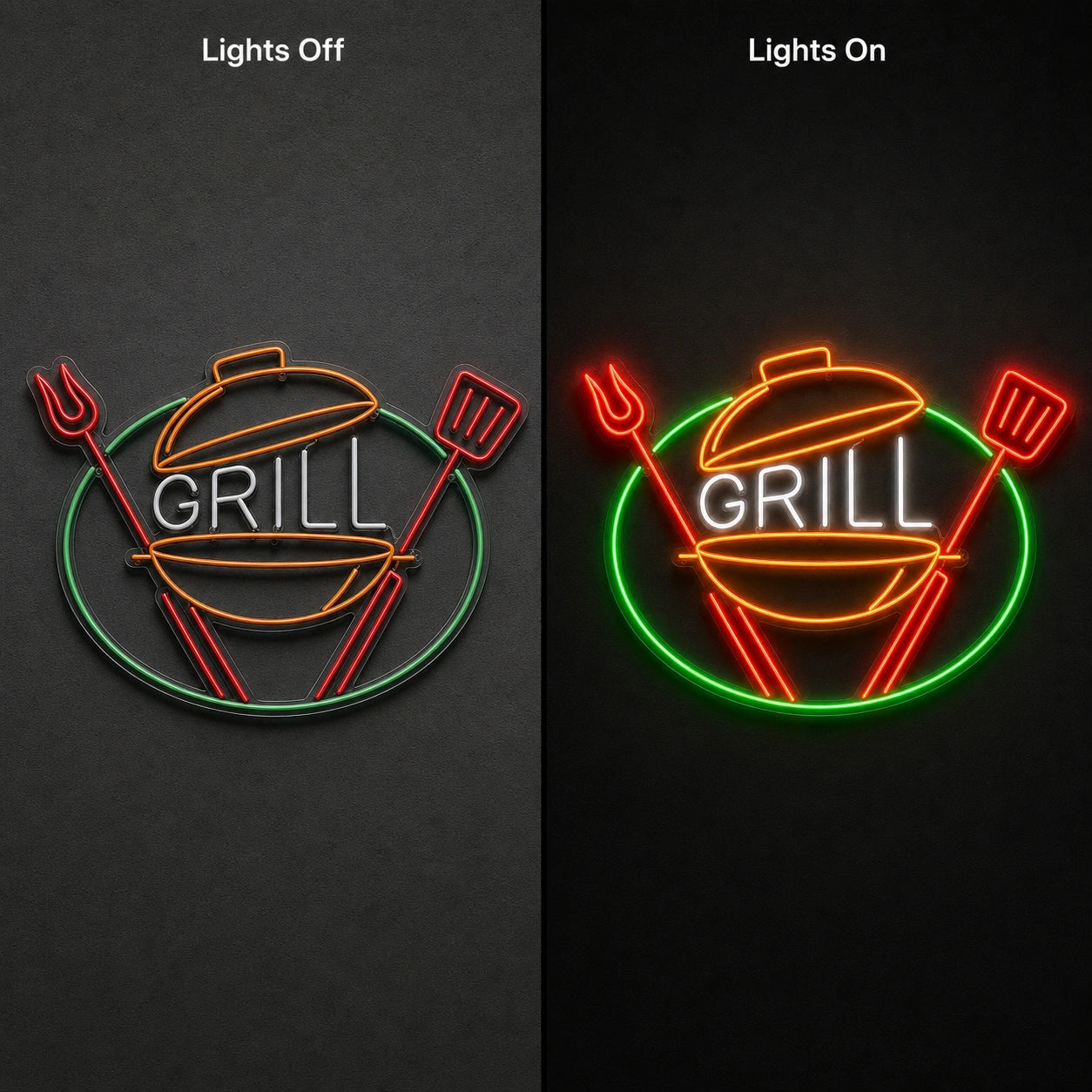 Grill Kettle Tools LED Neon Sign day and night comparison