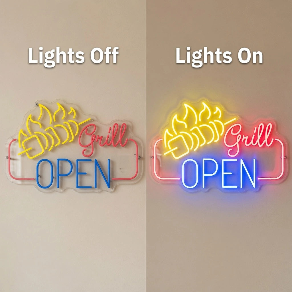 Grill Open Wall Decor LED Neon Sign - 06 Day Night Comparison